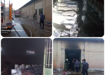 اطفاء به موقع آتش نشانان در حریق انبار ظروف چینی (دوکوهک)